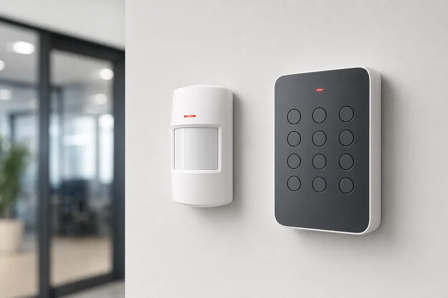 Détecteur de mouvement et clavier d'alarme intrusion sur un mur de bureau
