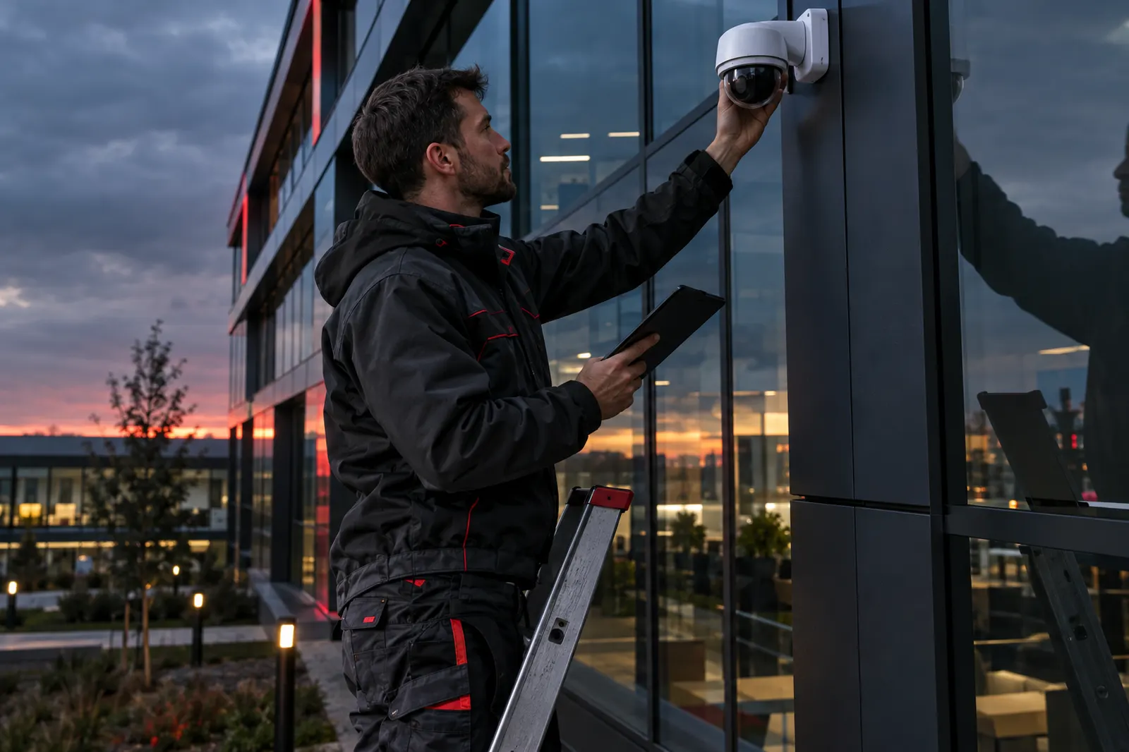 Technicien AVDA installant une caméra de vidéoprotection sur un bâtiment